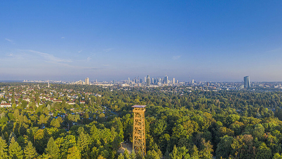 Der Goetheturm im Stadtwald mit der Frankfurter Skyline im Hintergrund 