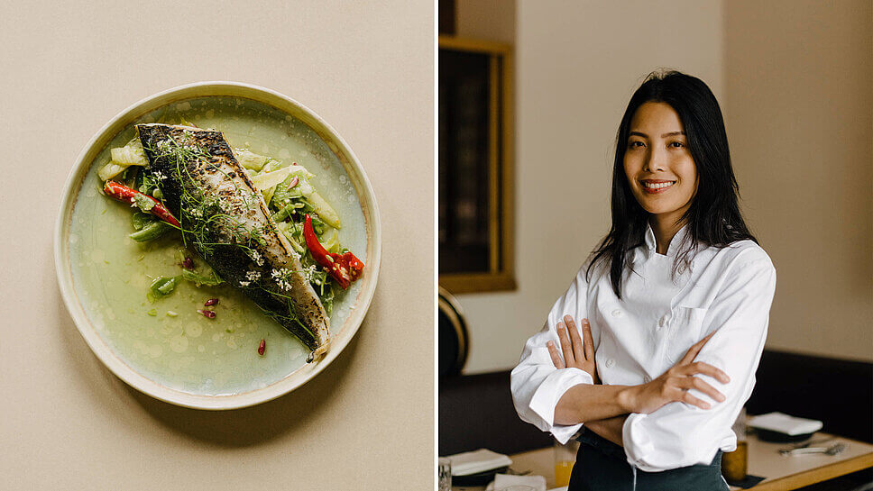 Doppelbild: Links eine Forellenhäflte, die auf Gemüse drapiert ist, rechts im Bild die Köchin und Restaurantleiterin Dalad Kambhu