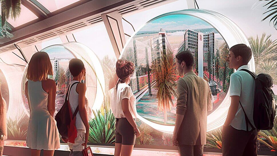 Eine Reisegruppe in futuristischer Umgebung.