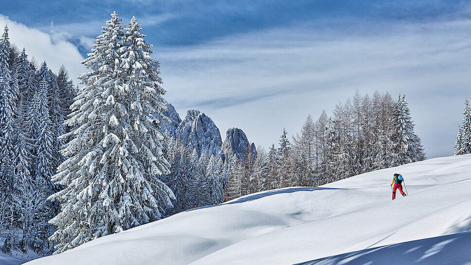 Eine Person mit Trekkingstöcken wandert durch eine schneebedeckte Landschaft 