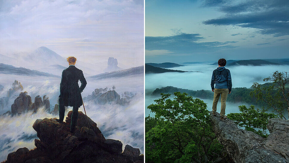 Bild von Caspar David Friedrich: Wanderer über dem Nebelmeer links, rechts ein Foto von Kilian Schönberger, wie er im Elbsandsteingebirge steht, sein Rücken ist zu sehen 